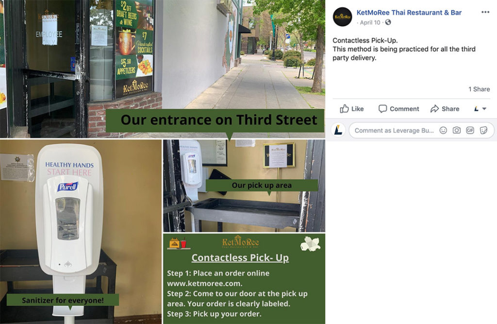 A Facebook post from KetMoRee Thai Restaurant & Bar advertising their contactless pick-up.