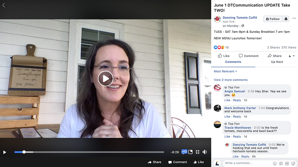 A post of a Facebook live stream on Dancing Tomato Caffè' Facebook account designed to interact with customers in the midst of COVID-19.